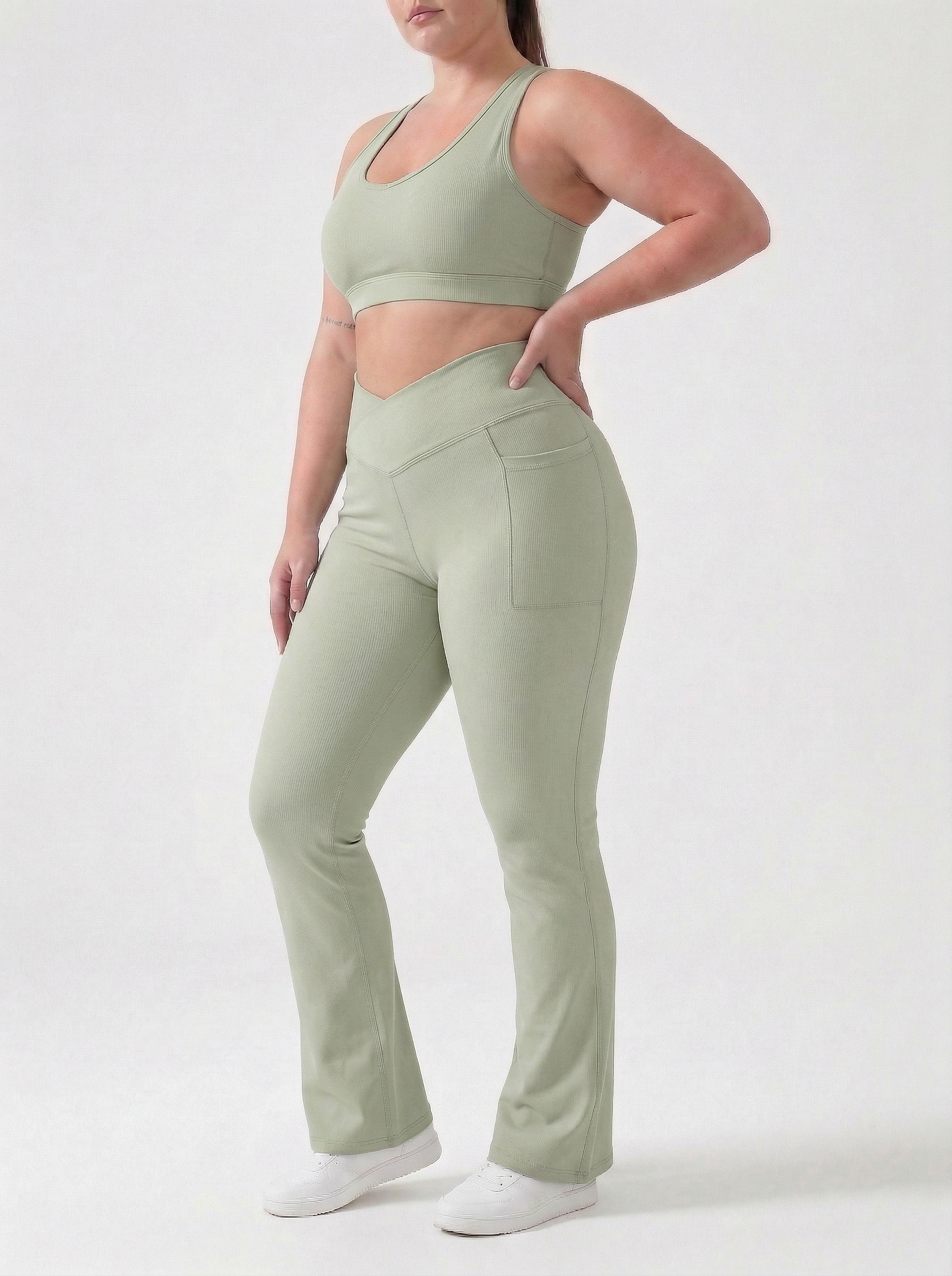 Lolacurve High-Rise Cheeky Plus Size Avocado Green Flare Leggings